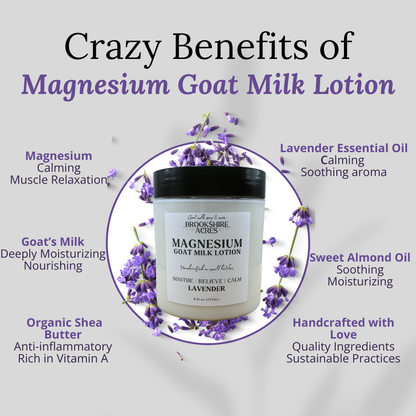 Brookshire Acres magnesium goat milk lotion with lavender essential oil, surrounded by lavender flowers on a light gray background.