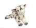 A plush stuffed baby goat toy lying down on a plain white background. The toy is white with brown patches, pink inner ears, and gray hooves.